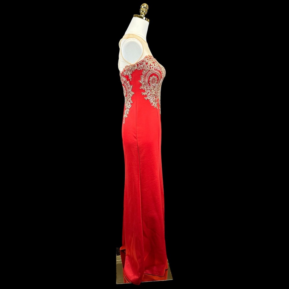 Red Gold Embroidered Illusion Neck Evening Gown Maxi Dress - Picture 5 of 8